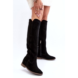 Zazoo 3407 Bottes de genou en daim féminin avec des talons plats le noir 3
