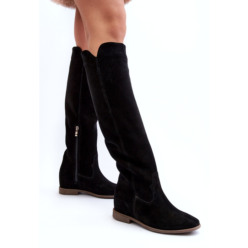 Zazoo 3407 Bottes de genou en daim féminin avec des talons plats le noir 4