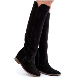 Zazoo 3407 Bottes de genou en daim féminin avec des talons plats le noir 6