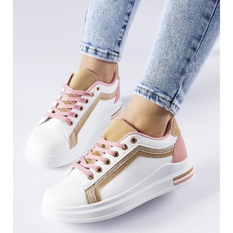 D/GMR Baskets blanches et roses sur la plate-forme Mayfield avec des éléments dorés 1