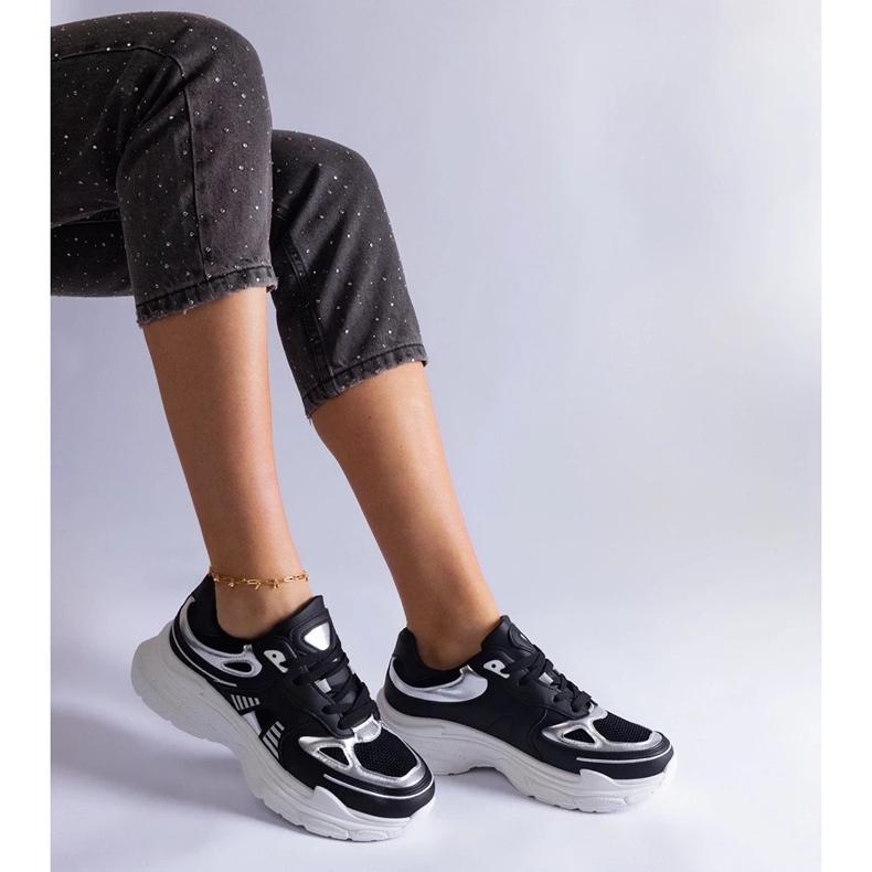 D/CEO Baskets femme noires avec empiècements Gaytan argentés 2