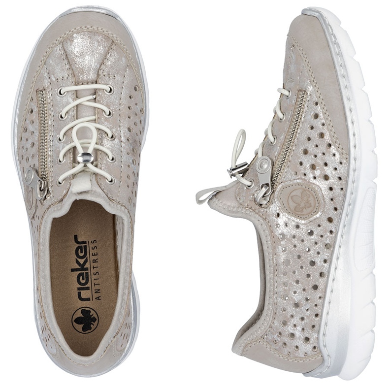 Chaussures féminines confortables OpenWork Beige Silver plaqué Rieker L32P6-90 2