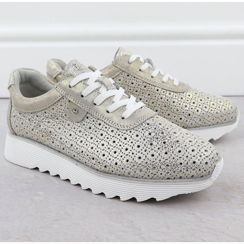 S.Barski Chaussures en cuir pour femmes sur la plateforme ouverte Złote S. Barski LR51-927 doré 2