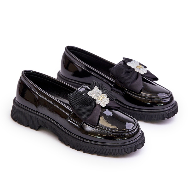 Mocasins des filles peintes avec un arc en cuir noir écologique 4