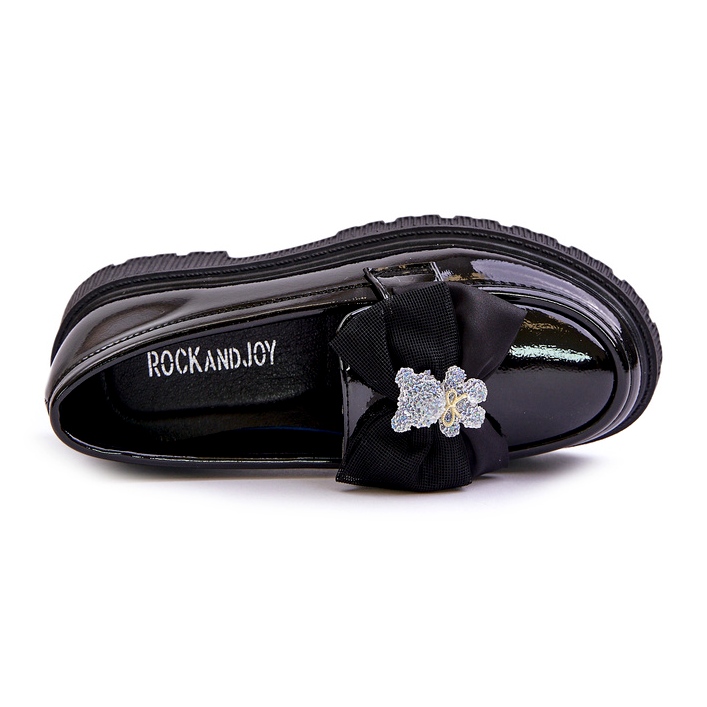 Mocasins des filles peintes avec un arc en cuir noir écologique 2