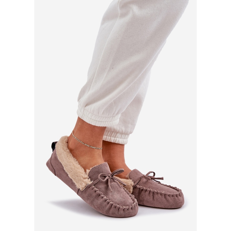 Mocasins Slippers pour femmes avec de la fourrure sombre beige kleogoria 1
