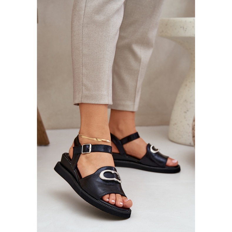 Jezzi Sandales de coin pour femmes peintes avec une décoration noire 2