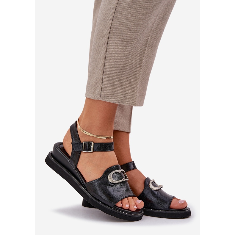 Jezzi Sandales de coin pour femmes peintes avec une décoration noire 1