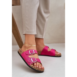 Flip de matériau -flops sur une semelle de liège avec boucles. rose 2