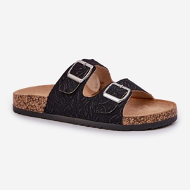 Les tongs de matériau sur une semelle en liège avec des pinces noires le noir 4