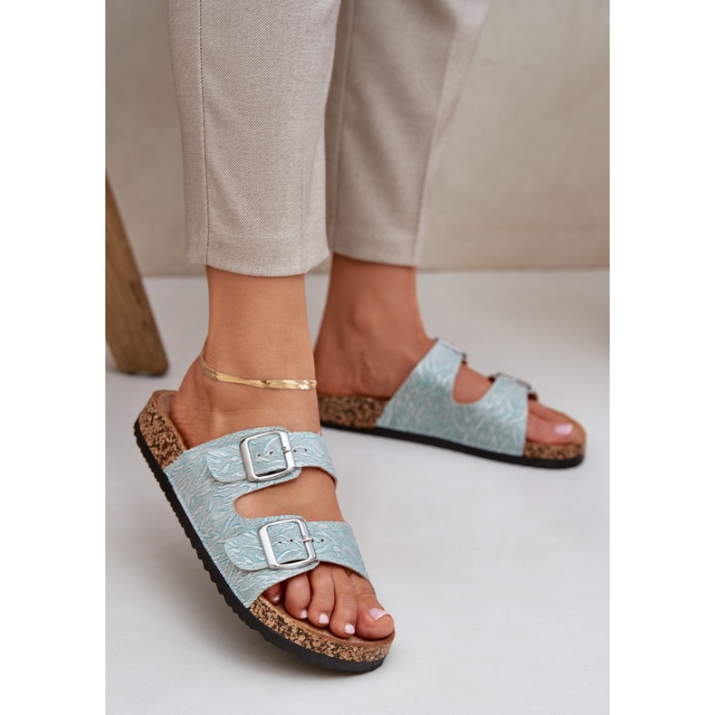 Flip de matériau -flops sur une semelle en liège avec boucles de menthe vert 2