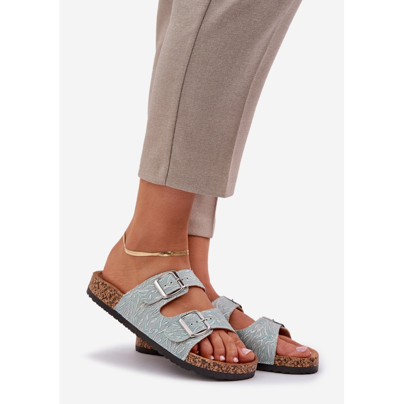 Flip de matériau -flops sur une semelle en liège avec boucles de menthe vert 1