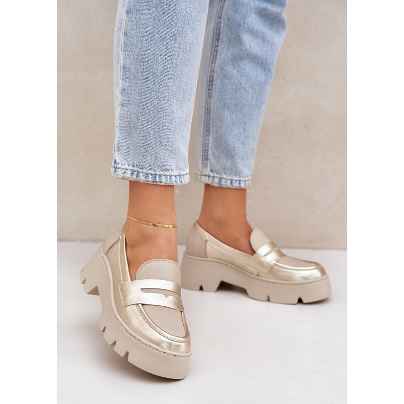 Zazoo Mocassins en cuir pour femmes plates dorées d'or 2 Zazoo Mocassins en cuir pour femmes plates dorées d'or 2