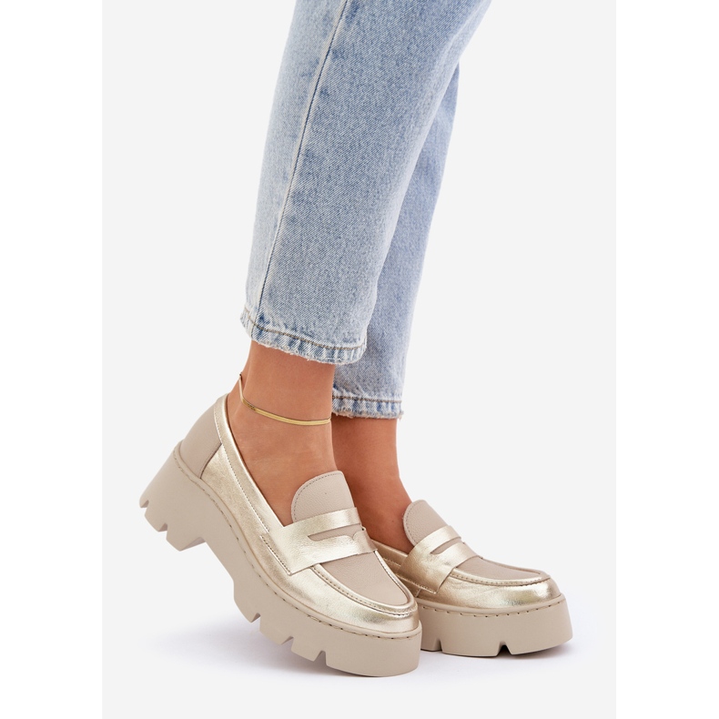 Zazoo Mocassins en cuir pour femmes plates dorées 1
