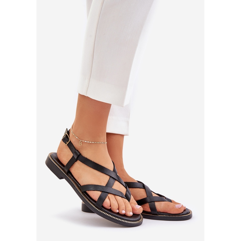 Sandales plates en cuir avec sangle Zazoo 40429 Broutes noires le noir 1