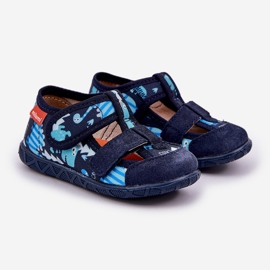 Slippers pour enfants pour velcro avec des dinosaures bleu marine 1