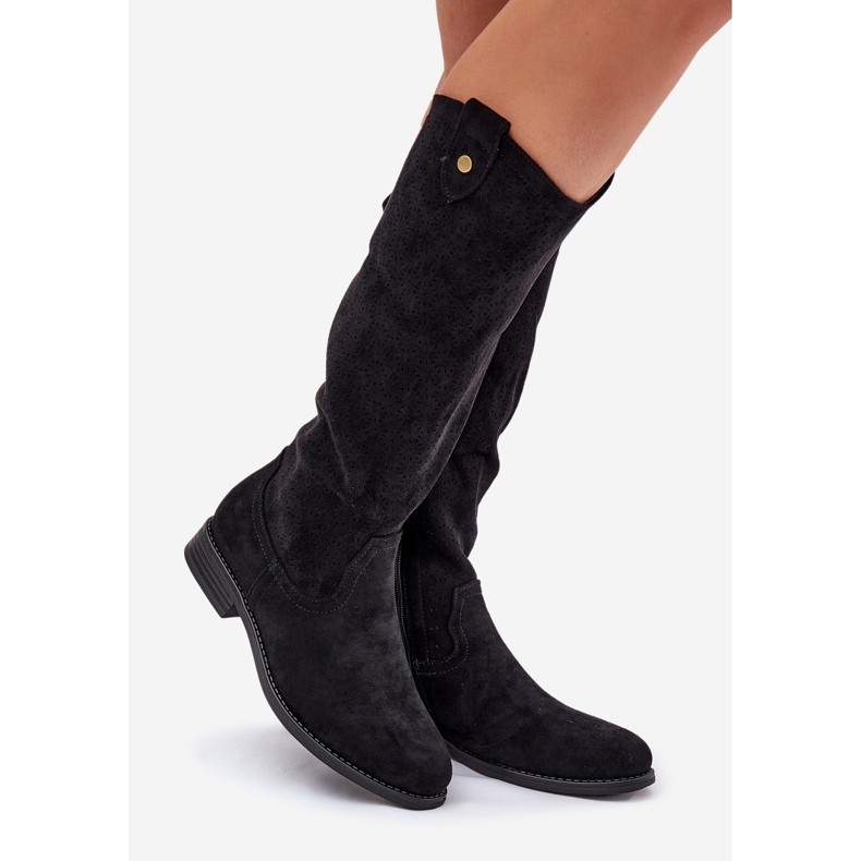 Bottes à talons plats avec un motif ouvert S.Barski Hy51-062 noir le noir 1