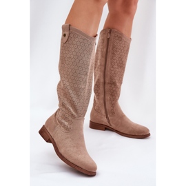 Bottes à talons plats avec un motif ouvert S.Barski Hy51-062 Beige 2