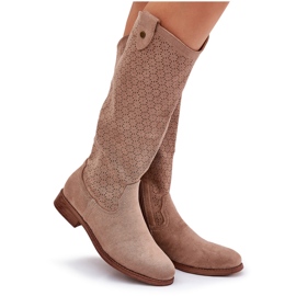 Bottes à talons plats avec un motif ouvert S.Barski Hy51-062 Beige 9