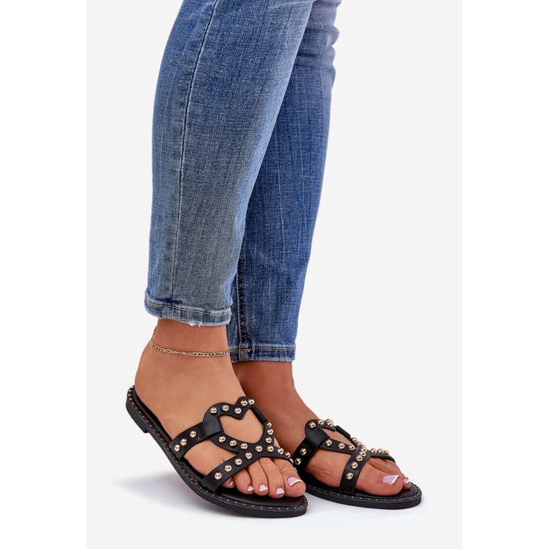 Les tongs noirs pour femmes plates décorées 1