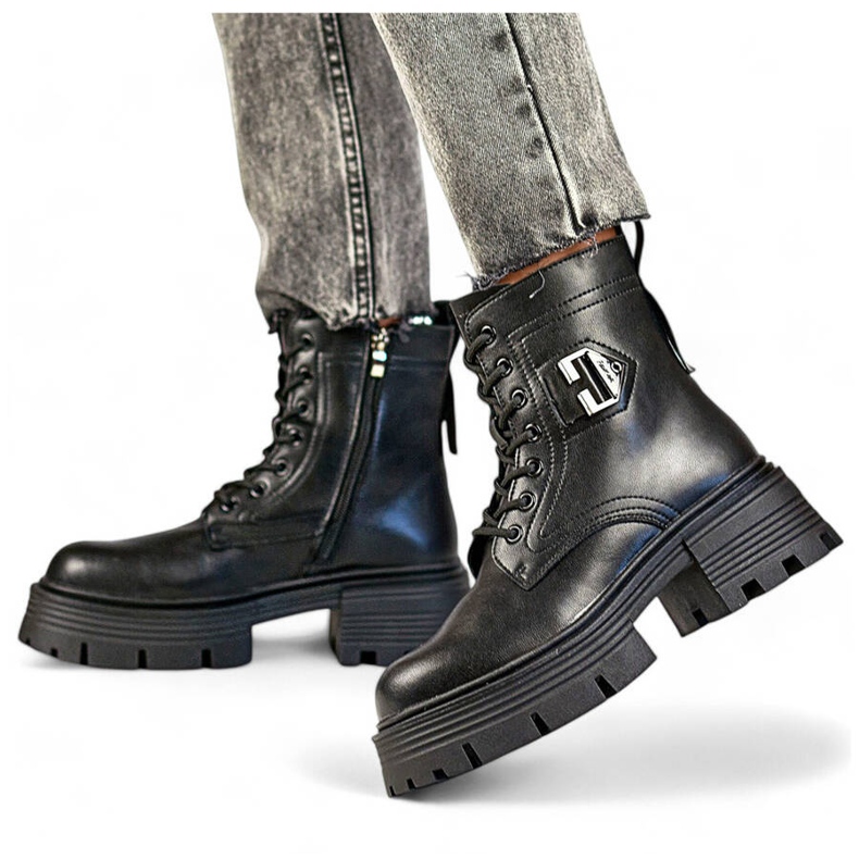 Bottines pour femmes en cuir noir GT-TL55B sur bloc et plateforme le noir 1 Bottines pour femmes en cuir noir GT-TL55B sur bloc et plateforme le noir 1