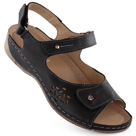 Sandales confortables en cuir pour femmes avec velcro, noires Helios 266-2.011 1
