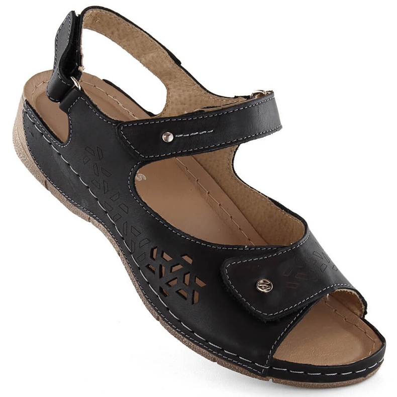Sandales confortables en cuir pour femmes avec velcro, noires Helios 266-2.011 1