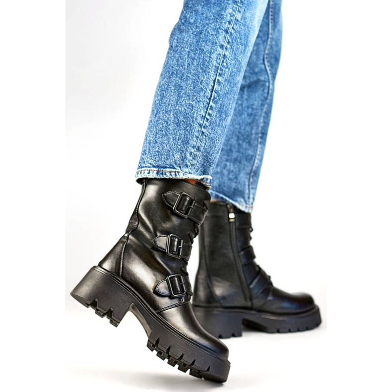 Bottes de moto hautes pour femmes avec boucles, noires GD-FL2206B le noir 1