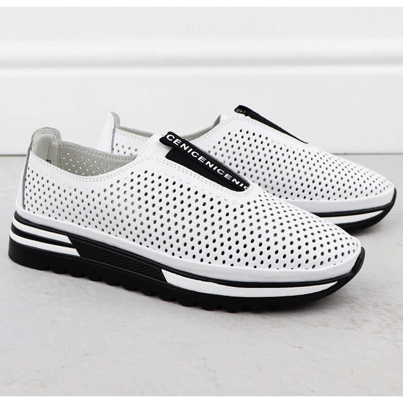 Des chaussures en cuir pour femmes ont glissé OpenWork White S.Barski LR51-672 blanc 2