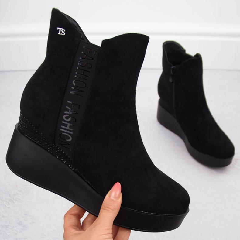 Bottines compensées isolées pour femme avec zircons cubiques, noir T.Sokolski Z23-369 1
