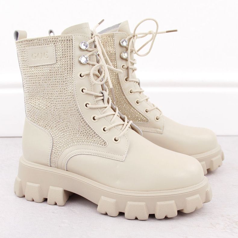 Bottines femme en cuir avec strass, beige Goe OO2N4108 2