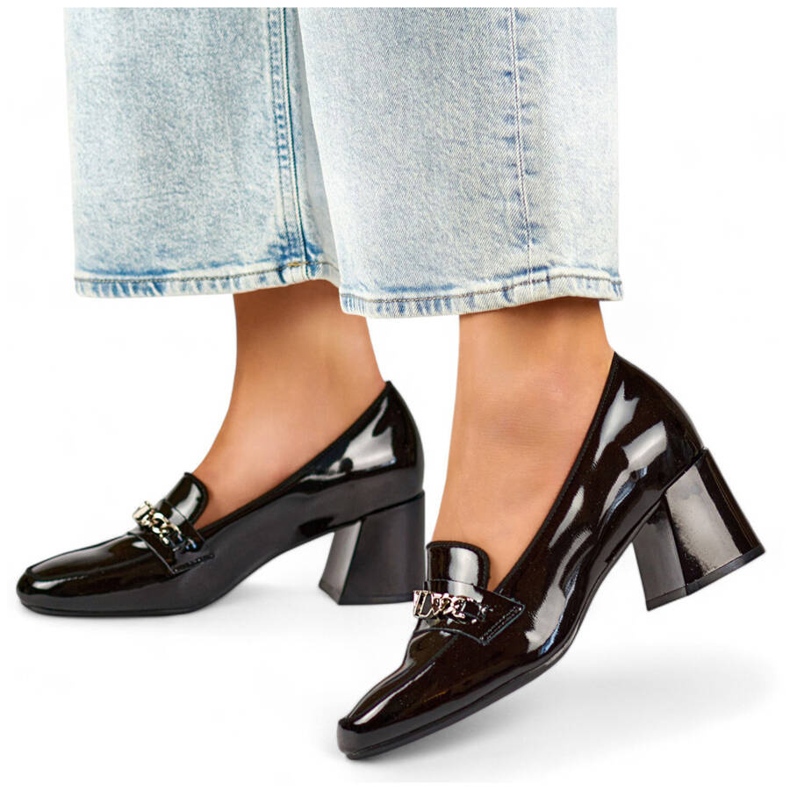 Chaussures à talons hauts en cuir pour femmes avec décoration, noir 24-58242B 1