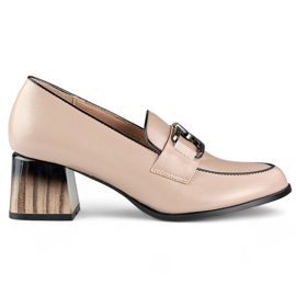 Chaussures femme à talons bas, mocassins beiges vernis GD-FL477D.BE 1