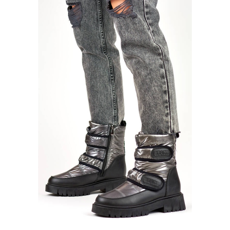 Bottes de neige femme métallisées noires et argentées à velcro JH-1Si 2