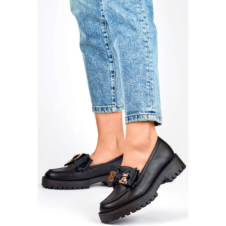 Mocassins femme avec nœud, mocassins avec ours en peluche, noir 2306B 2