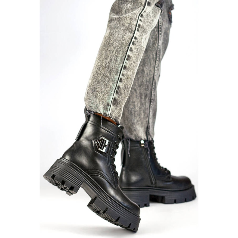 Bottines pour femmes en cuir noir GT-TL55B sur bloc et plateforme le noir 2 Bottines pour femmes en cuir noir GT-TL55B sur bloc et plateforme le noir 2