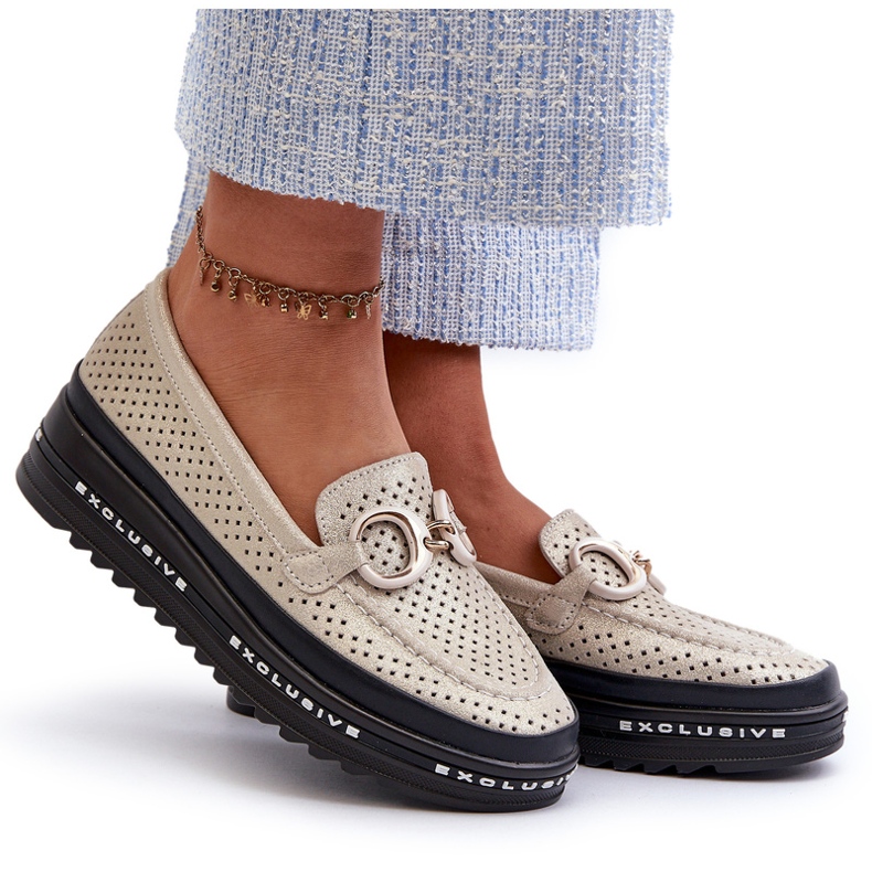 Mocassins Femme En Cuir Brillant Sur La Plateforme Avec Décoration S.Barski LR750 Or d'or 4