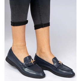 Mocasins féminins de la Marine avec une décoration dorée bleu 2 Mocasins féminins de la Marine avec une décoration dorée bleu 2