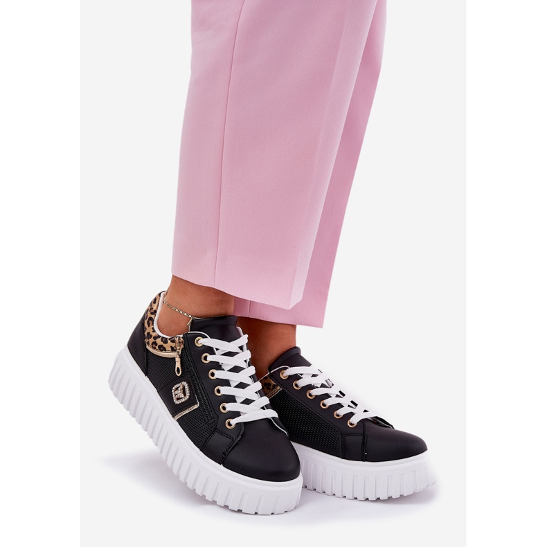 Chaussures de sport pour femmes sur plate-forme avec imprimé léopard léopard en cuir eco noir 1