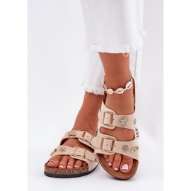 Slippers pour femmes sur une semelle de liège avec boucles et épingles beige 3