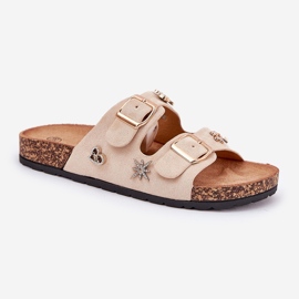 Slippers pour femmes sur une semelle de liège avec boucles et épingles beige 4