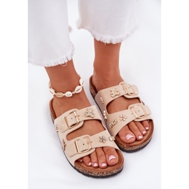 Slippers pour femmes sur une semelle de liège avec boucles et épingles beige 5