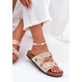 Slippers pour femmes sur une semelle de liège avec boucles et épingles beige 6