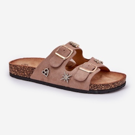 Les tongs des femmes sur une semelle de liège avec des boucles et des épingles kaki beige 4