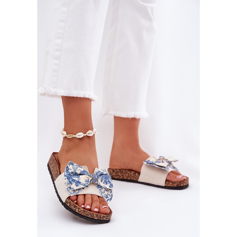 Slippers pour femmes avec un arc sur la plate-forme en liège bleu beige 2