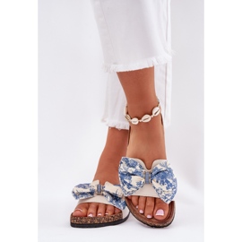 Slippers pour femmes avec un arc sur la plate-forme en liège bleu beige 3