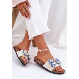 Slippers pour femmes avec un arc sur la plate-forme en liège bleu beige 6