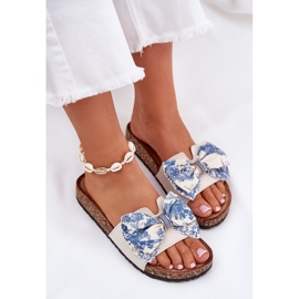 Slippers pour femmes avec un arc sur la plate-forme en liège bleu beige 7