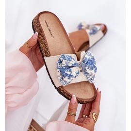 Slippers pour femmes avec un arc sur la plate-forme en liège bleu beige 8