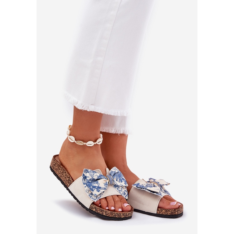 Slippers pour femmes avec un arc sur la plate-forme en liège bleu beige 1